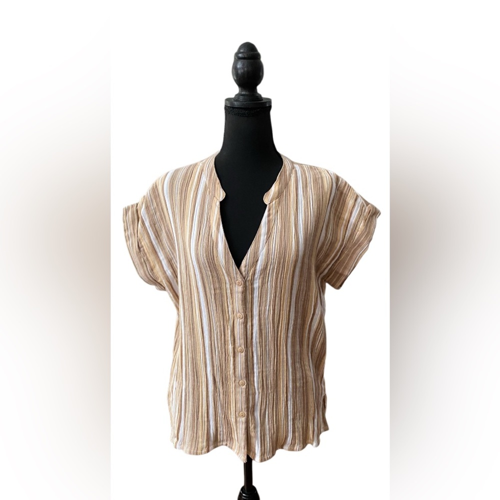 New Direction: Striped Button-Up Blouse with Cuffed Sleeves